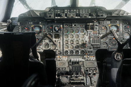 SINSHEIM, GERMANY - OCTOBER 16, 2018: Technik Museum. Front part from the inside. Old analog cockpit...
