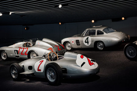 STUTTGART, GERMANY - OCTOBER 16, 2018: Mercedes Museum. Sport cars parked on the black surface....