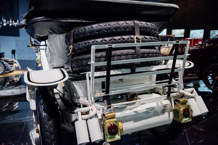 STUTTGART, GERMANY - OCTOBER 16, 2018: Mercedes Museum. Classic old vehicle with spare wheels on the...