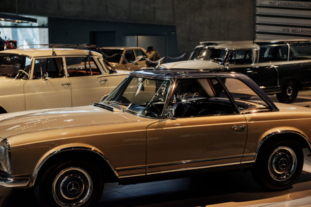 STUTTGART, GERMANY - OCTOBER 16, 2018: Mercedes Museum. Retro cars parked in the room at exhibition....