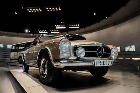 STUTTGART, GERMANY - OCTOBER 16, 2018: Mercedes Museum. Good lighting. Brown car from retro...