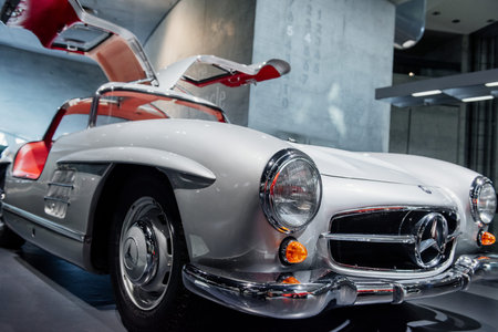 STUTTGART, GERMANY - OCTOBER 16, 2018: Mercedes Museum. Historical automobile. White retro vehicle...
