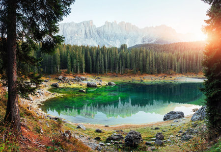Outstanding background. Autumn landscape with clear lake, fir forest and majestic mountains.