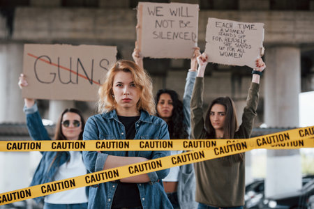 Together we strong. Group of feminist women have protest for their rights outdoors.の写真素材
