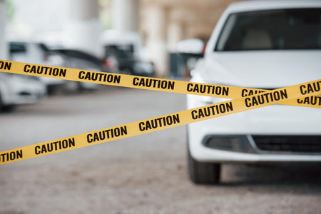 Front of modern luxury vehicle. Yellow caution tape near the car parking lot at daytime. Crime...