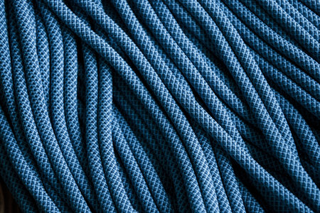 Ropes that you can trust. Many of the blue colored knots for the sports and ship equipment lying...