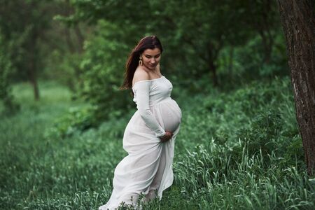 Standing in the grass. Beautiful pregnant woman in dress have a walk outdoors. Positive brunette.の写真素材