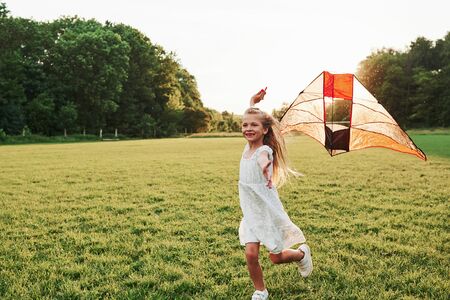Awesome to be here. Happy girl in white clothes have fun with kite in the field. Beautiful nature.の写真素材