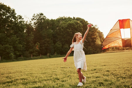 Nice place. Happy girl in white clothes have fun with kite in the field. Beautiful nature.の写真素材