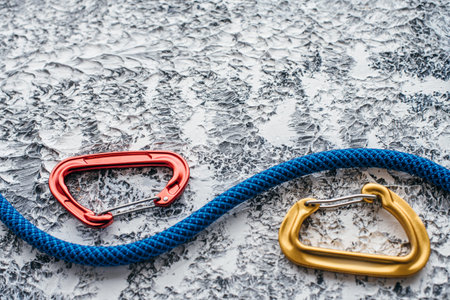 For sale. Isolated photo of climbing equipment. Part of carabiner lying on the white and grey...