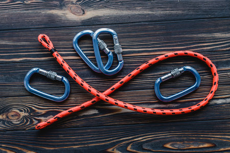 Conception of extreme sports. Isolated photo of climbing equipment. Part of carabiner lying on the...