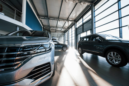 Brand new cars at dealer showroom. Perfectly polished. Natural lighting.