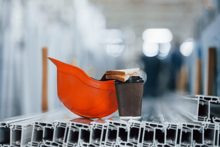 Bread is on the cup with drink. Orange hard hat on objects in the factory. No people. Conception of...