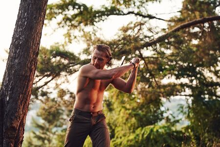 Process of cutting the tree by using the axe. Handsome shirtless man with muscular body type is in the forest at daytime.の写真素材