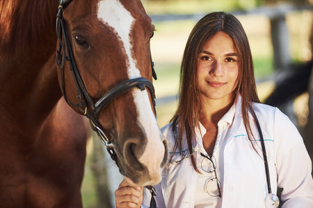 Pretty girl. Female vet examining horse outdoors at the farm at daytime.