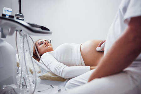 Male doctor does ultrasound for a pregnant woman in the hospital.の写真素材
