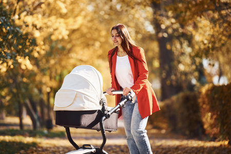 Mother in red coat have a walk with her kid in the pram in the park with beautiful trees at autumn...