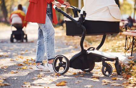 Close up view. Mother in red coat have a walk with her kid in the pram in the park at autumn time.