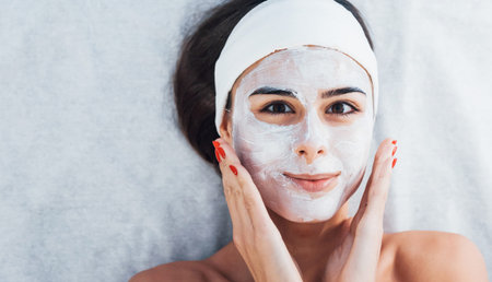 Happy woman that lying down in spa salon and have face cleaning procedure.