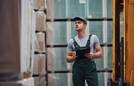 Storage worker in green colored uniform and notepad in hands checks production.