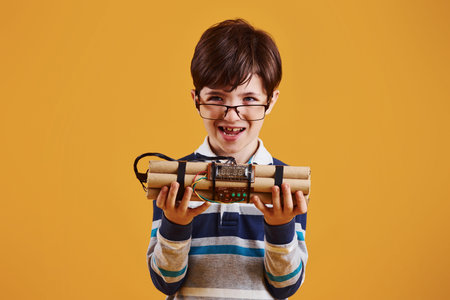 Little boy with explosive in the studio against yellow background.