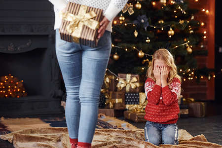 Mother standing with gift box and makes surprise for daughter indoors at christmas holidays time.の写真素材