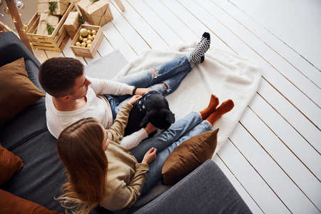 Happy young modern couple sitting on the sofa at home with their cute dog.の写真素材