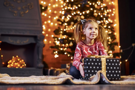 Cute little girl sits in the decorated christmas room with gift box.