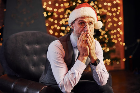 Portrait of stylish senior with grey hair and beard sitting in decorated room and in christmas hat.