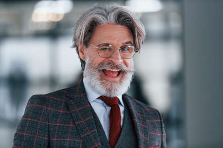 Senior businessman in suit and tie with gray hair and beard smiling and winking.の写真素材