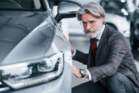Fashionable old man with grey hair and mustache touching new car indoors in salon.の写真素材