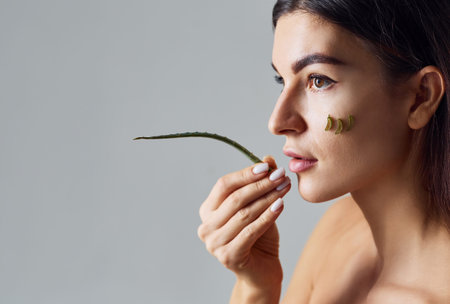 Naked woman is in the studio against white background with aloe vera.