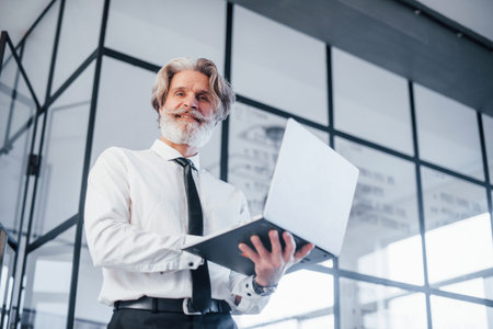 Mature businessman with grey hair and beard in formal clothes with laptop in the office.