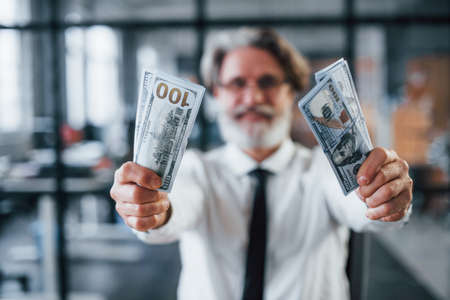 Happy mature businessman with grey hair and beard in formal clothes is in the office holding money.の写真素材