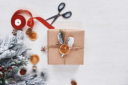 Beautiful gift boxes. Top view of christmas festive frame with new year decorations.の写真素材