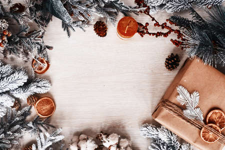 Top view of christmas festive frame with new year decorations.の写真素材