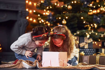 Two little girls have fun in christmas decorated room with gift boxes.の写真素材