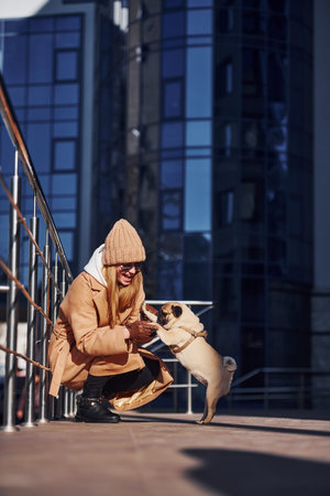 Woman in warm clothes sitting and have fun with her little pug dog near business building that on background.の写真素材