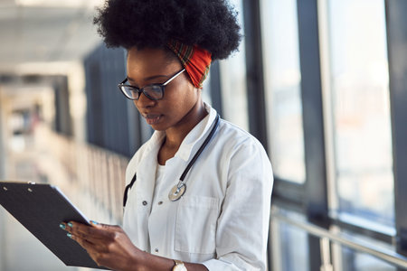 Young african american female doctor in white uniform with stethoscope and notepad standing in...