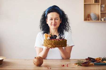 Senior woman with black curly hair holding dietical cake on kitchen.