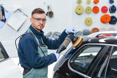 Male worker in uniform polishing new modern car. Conception of service.