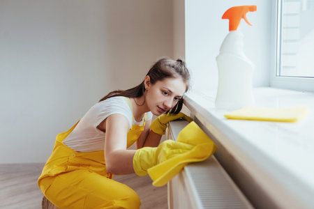 Housewife in yellow uniform works with window and surface cleaner indoors. House renovation...