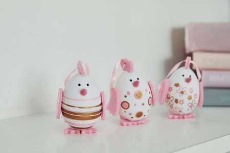 Close up view of cute painted with pink color Easter eggs on shelves indoors.
