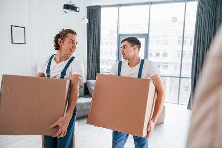 Busy day. Two young movers in blue uniform working indoors in the roomの写真素材