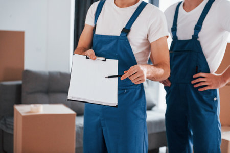 Holds notepad with document. Two young movers in blue uniform working indoors in the roomの写真素材