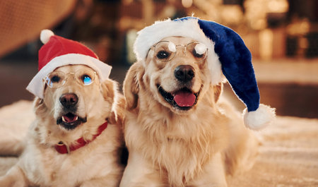 Conception of christmas. Two cute Golden retrievers together at home. Celebrating New yearの写真素材