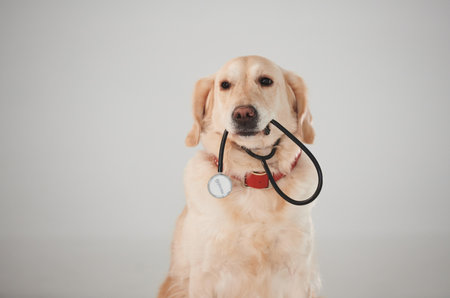 Holds medical stethoscope in mouth. Golden retriever is in the studio against white backgroundの写真素材
