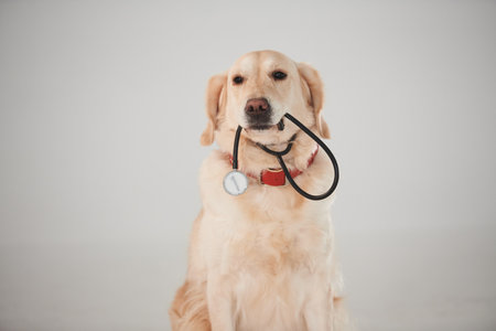 Holds medical stethoscope in mouth. Golden retriever is in the studio against white backgroundの写真素材