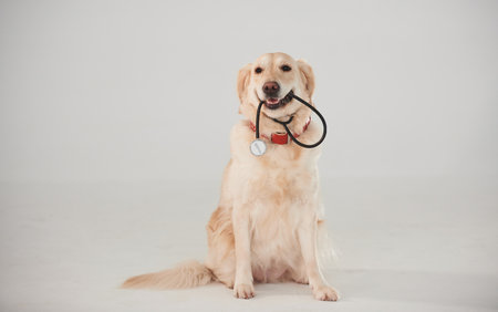 Holds medical stethoscope in mouth. Golden retriever is in the studio against white backgroundの写真素材