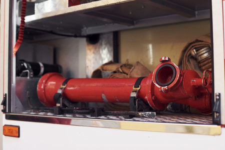 Close up view of firefighters equipment that is inside of the truckの写真素材